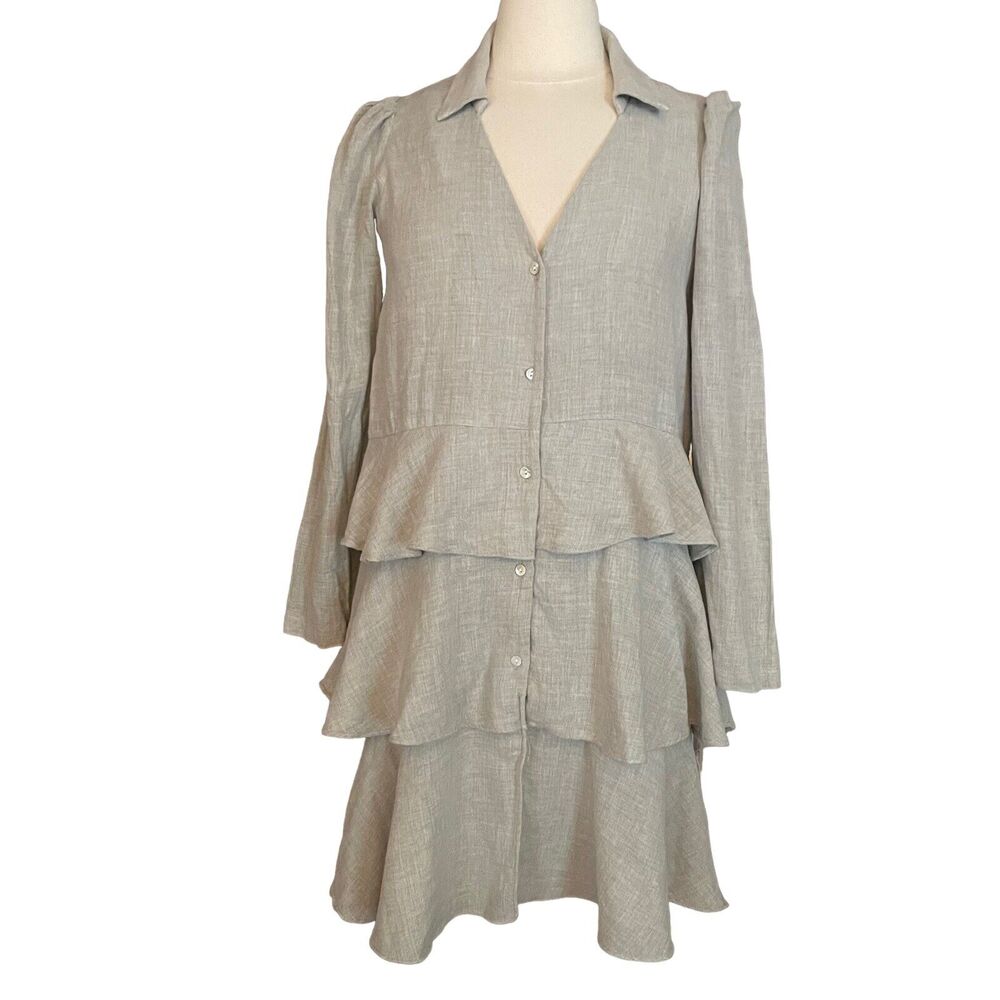 Zara Gray Tiered Ruffles Mini Dress Sz‎ M Puffed Long Sleeves Limited Edition